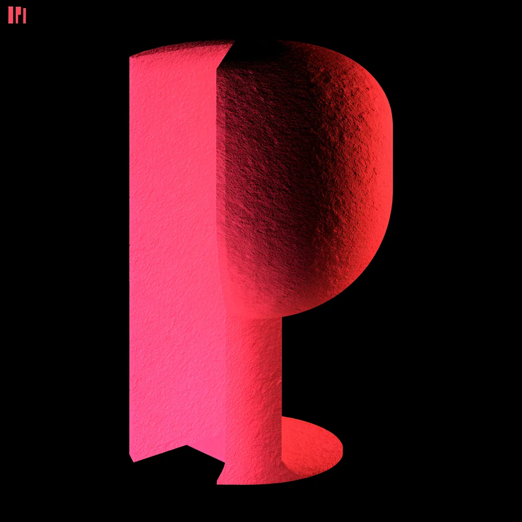 Sculptural IR monogram rendered in crimson against black